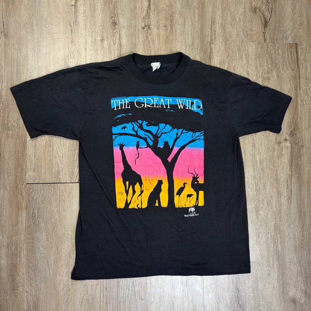 VTG World Wildlife Fun Single Stitch T Shirt Black Large 'The Great Wild'